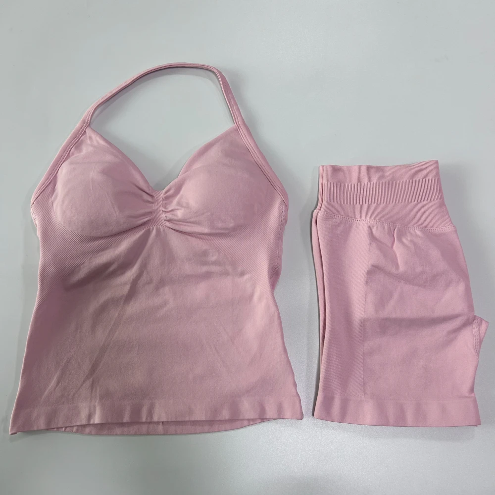 2-teiliges Fitness-Set für Damen: Rückenfreies Tanktop, High-Waist-Shorts mit Raffung, nahtlos, Sportanzug, Fitnesskleidung, Activewear, Workout-Set – Detail 22