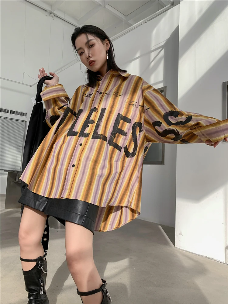 CHEERART Spring 2022 Fashion Women Oversized Shirt Striped Long Sleeve Button Up Shirt Letter Fashion Designer Top Streetwear