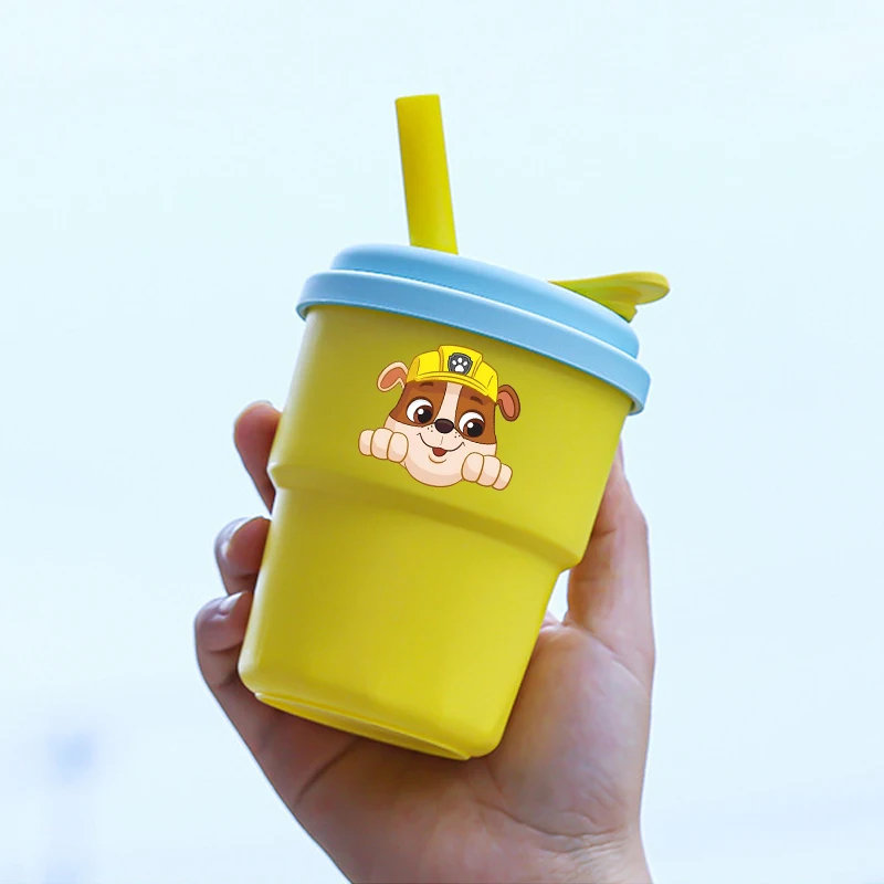 Taza de goma de silicona Paw Patrol de 380ML con pajita para beber, tazas de agua bonitas de dibujos animados de Anime, regalos de cristal portátiles de moda para estudiantes