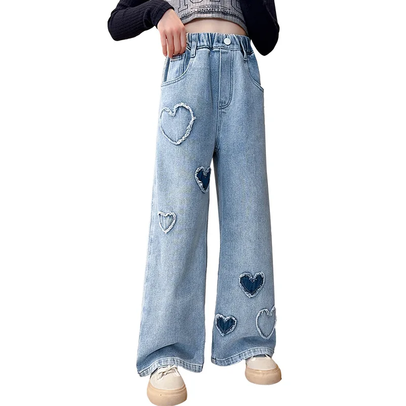 Big Girls School Wide Leg Pants with Heart Design Casual Loose 2024 New Spring Fashion Long Jeans Children Korean Style Trousers