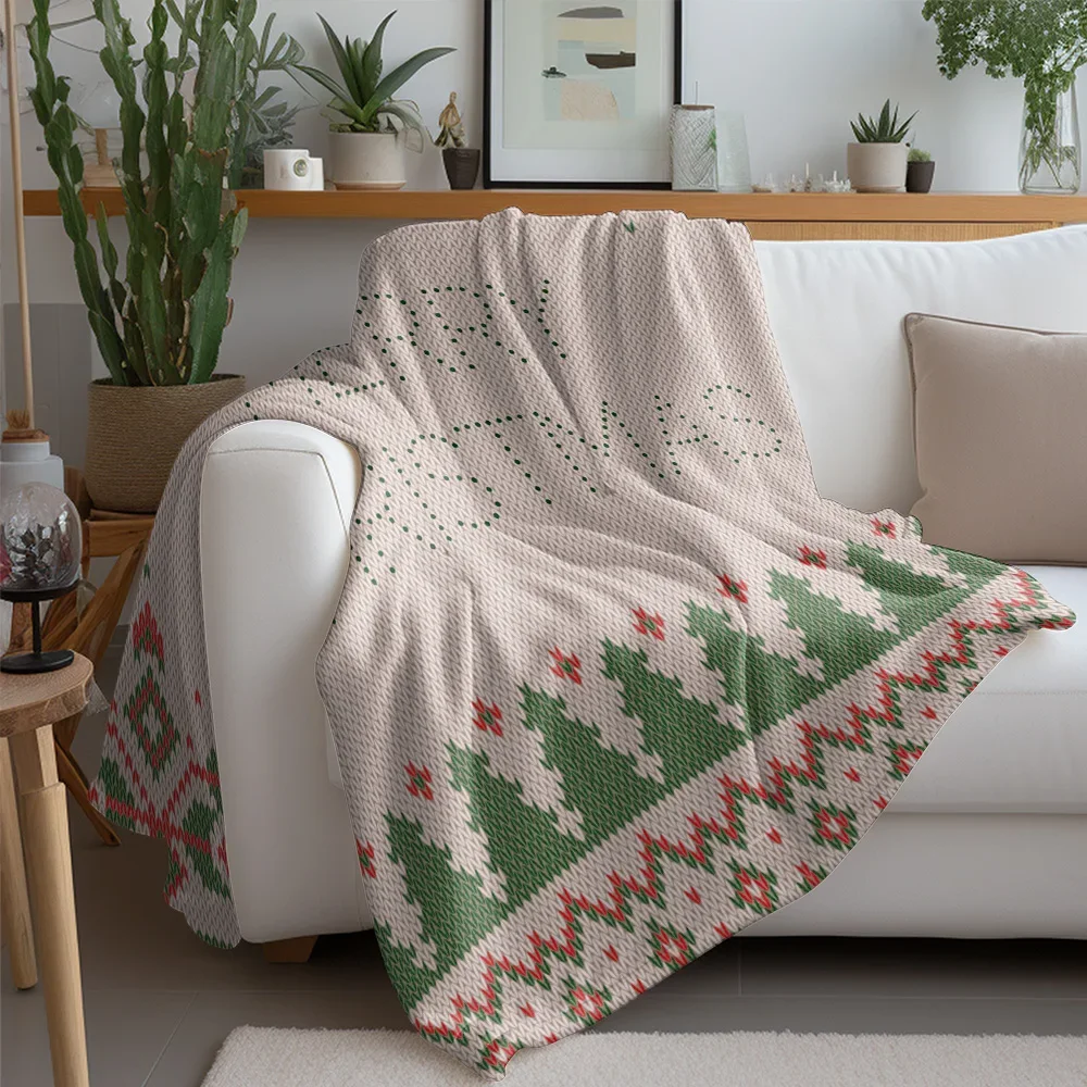 Knit Stitch Christmas Throw Blanket, Subtle Textured Merry Christmas Design, Red Green Snowflake Pattern for Cozy Decor