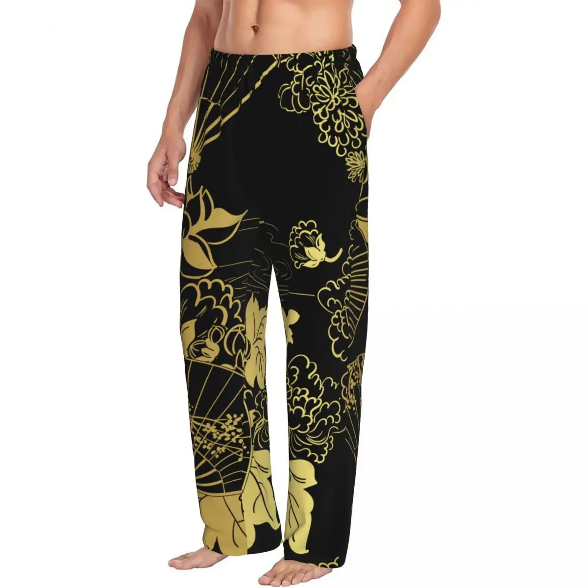 Gold Japanese Chinese Fan Flower Umbrella Men Sleep Bottoms Male Lounge Trousers Men's Pajama Pants