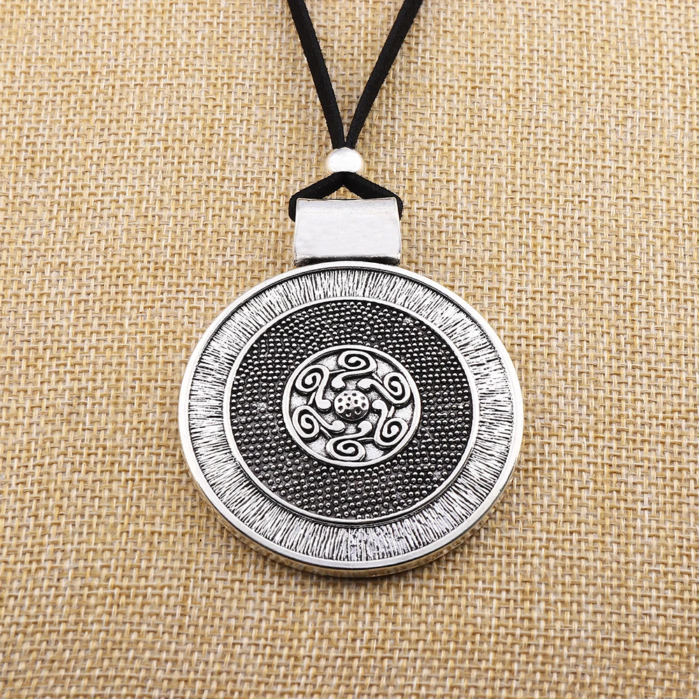 Tibetan Silver Large Boho Medallion Round Pendant Necklace on Long Black Suede Cord Lagenlook 32‘’ for Jewelry Women