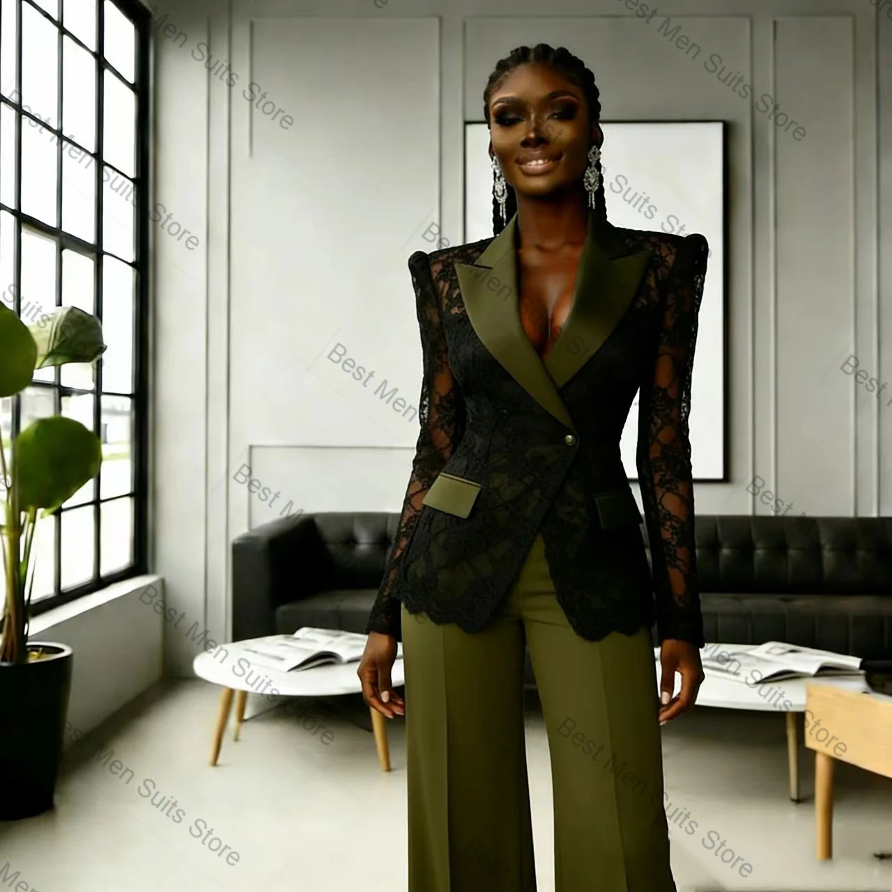 

Green Lace Women Suit Set 2 Pcs Blazer Pants Trousers Fashion Formal Office Jacket Customized Wedding Tuxedo Guest Coat