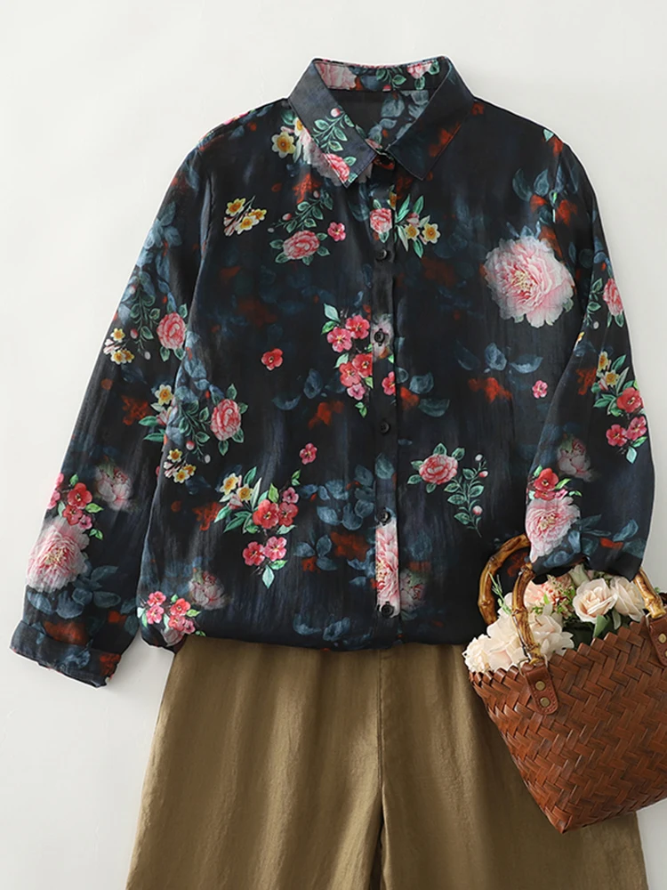 

Spring Autumn Printed Cotton and Hemp Long Sleeve Shirt for Women's New Style Art Retro Large Loose Thin Casual Shirt Top S107