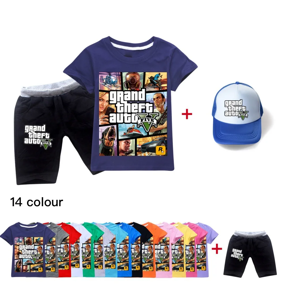 Game Grand Theft Auto GTA 5 TShirt Kids 2024 Summer Clothes Girls Short Sleeve Tops Shorts Sunhat 3pcs Sets Boys Leisure Outfits