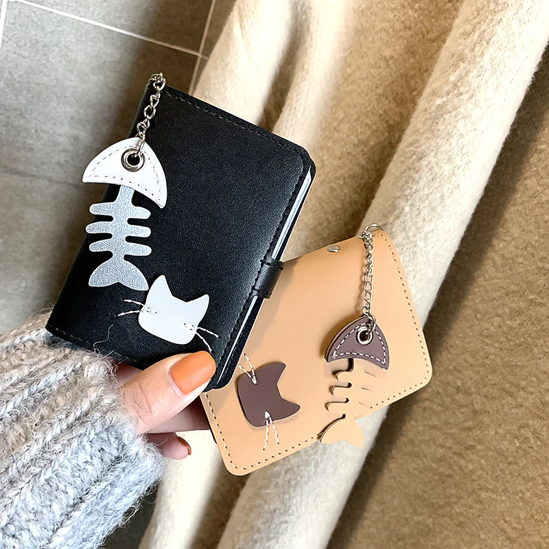 Cute Cat and Fish Design Card Pack Women Portable Bank Credit Card Case Small Wallet PU Leather ID Business Card Holder Bag