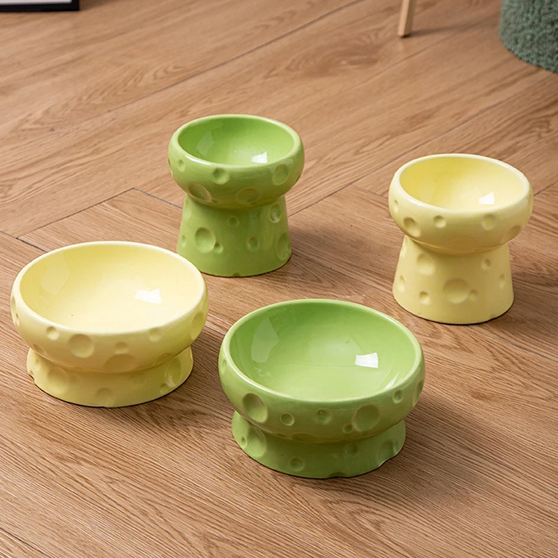 وعاء سيراميك للقطط بتصميم الجبن وعاء طعام للقطط طبق ماء طبق للوجبات الخفيفة عيار كبير مضاد للطرف مع حامل لحماية الرقبة