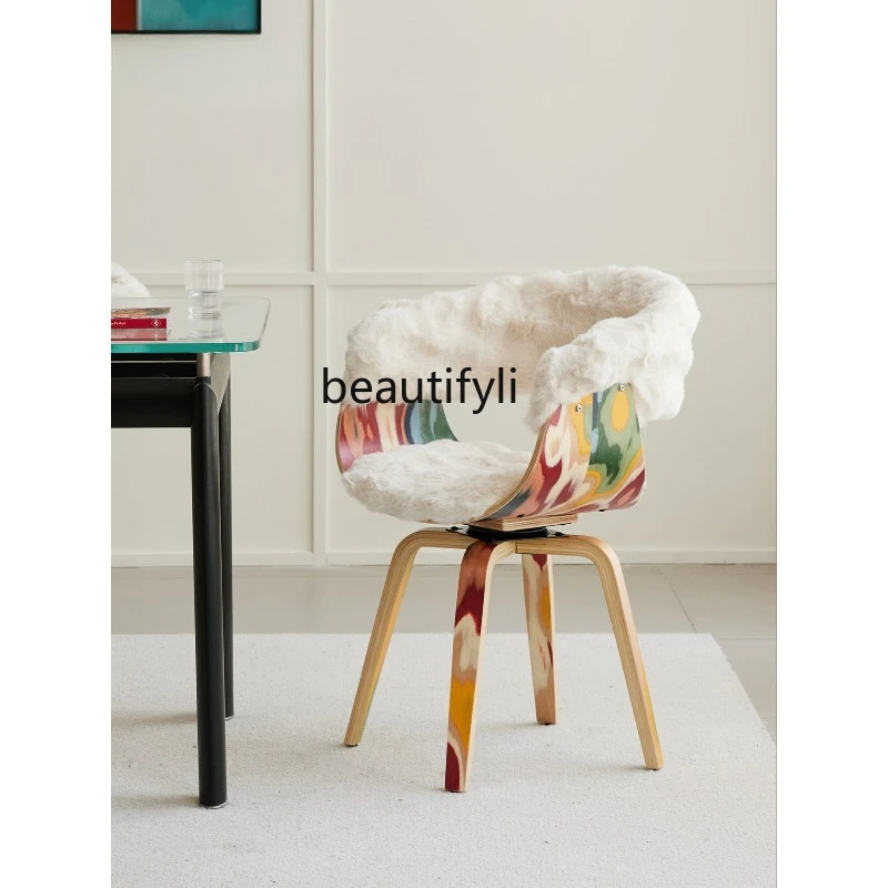

Modern Cream Style White Faux Rabbit Fur Restaurant Backrest Chair New Artistic Dining Stool