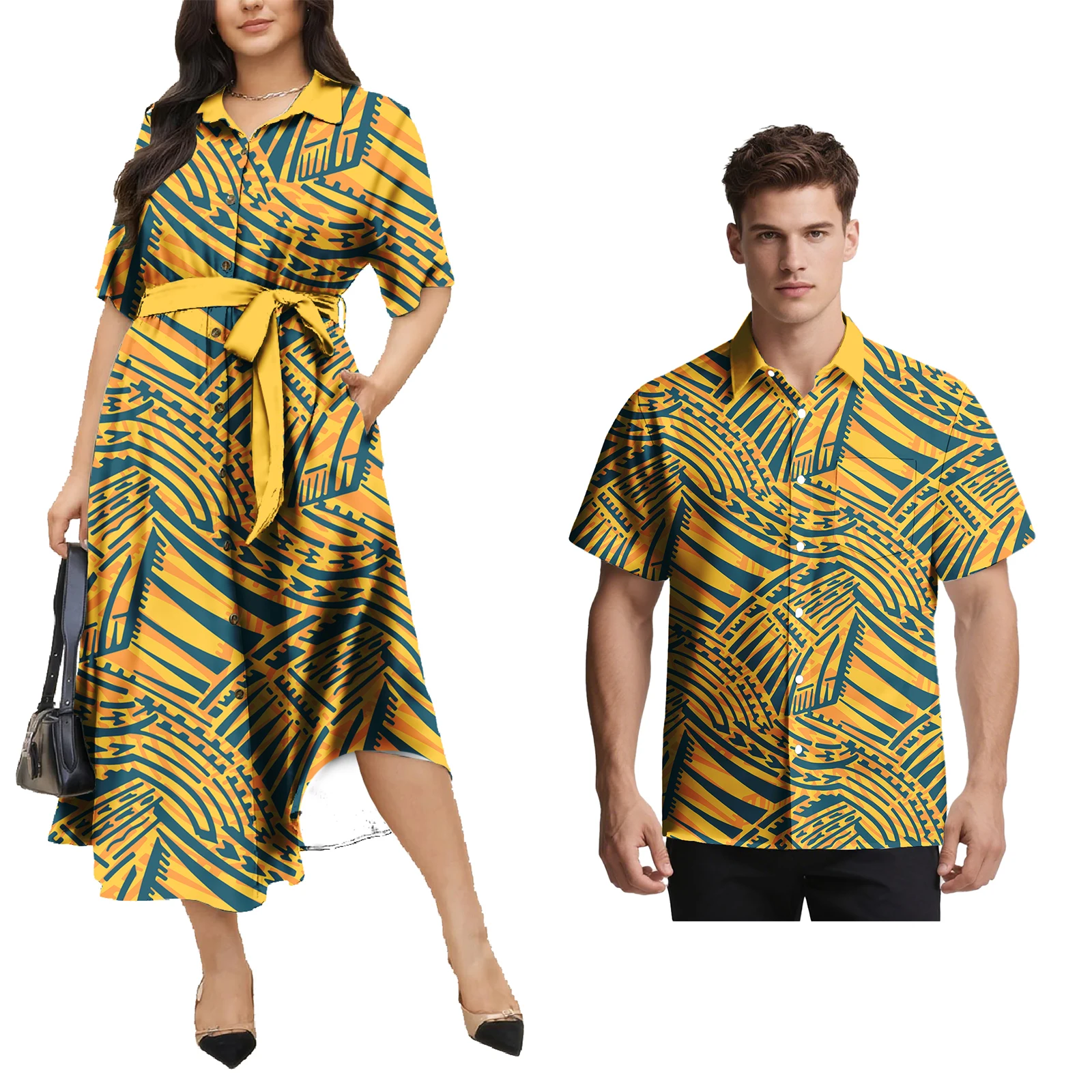 

Dark Blue Design Match Couple Outfit Polynesian Fashion Men Pocket Shirts Hawaiian Dresses for Women Samoan His-and-Hers Clothes