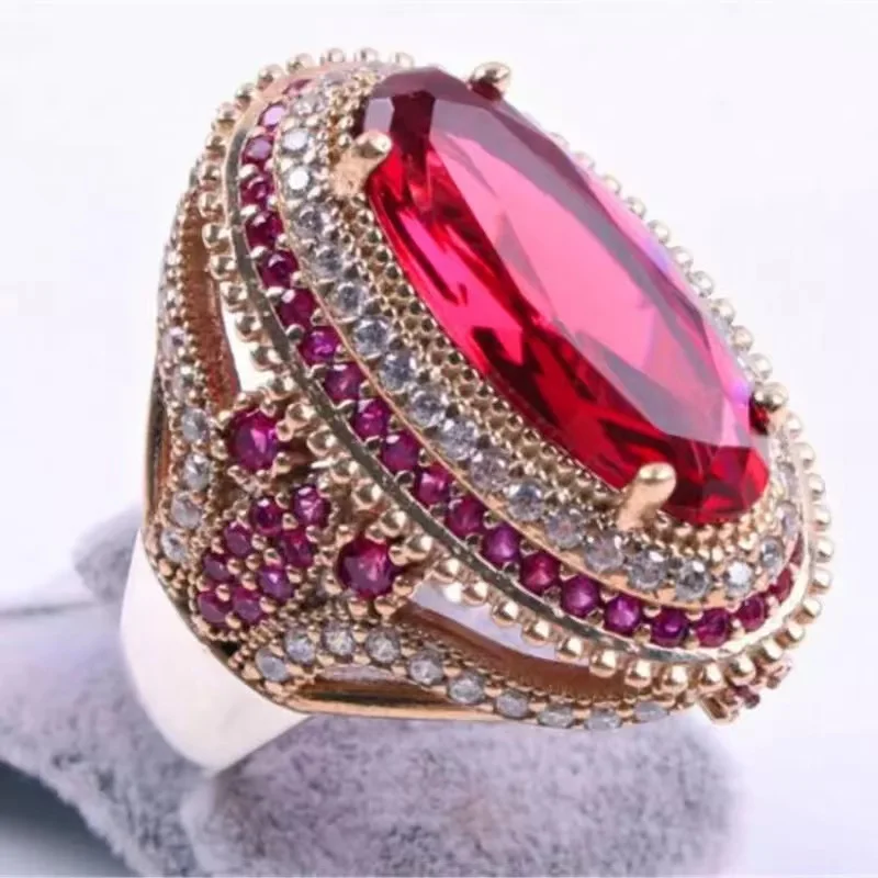 Anillo de circonita roja con incrustaciones ovaladas para mujer, anillos de boda de CZ rellenos de dos tonos de Metal de lujo, joyería de compromiso