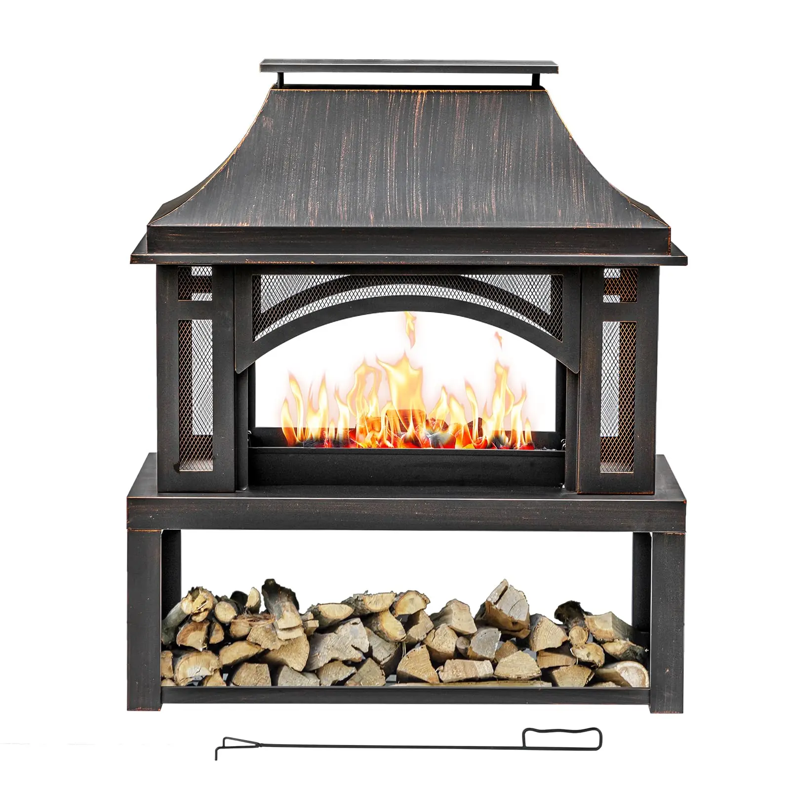 39 Inch Fire Pits with Outdoor Chimney and Wood Storage
