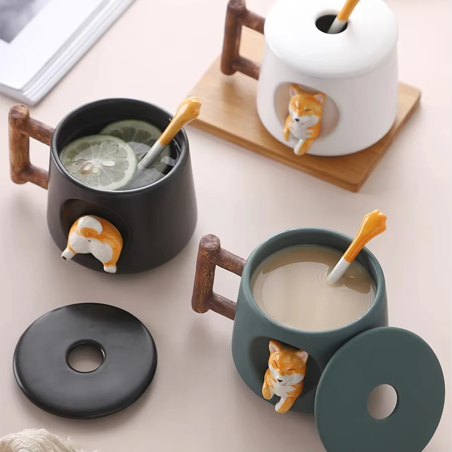 

420ml Cute 3D Shiba Inu Pattern Ceramic Coffee Mug with Lid And Spoon - Cartoon Milk Tea Cup for Girls Creative Breakfast Gift