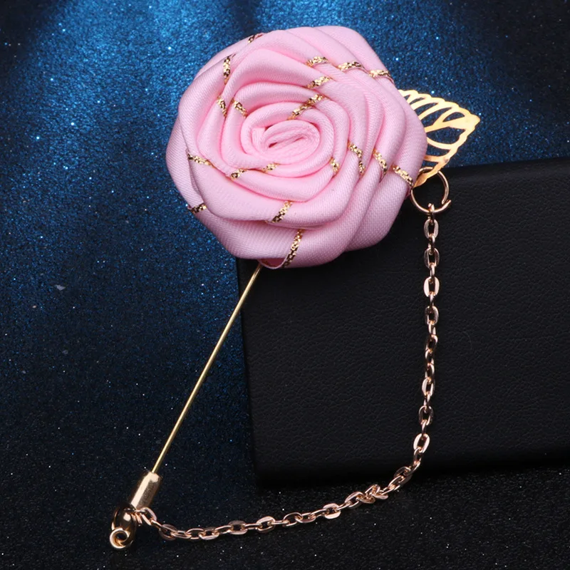 Ceremony Wedding Prom Corsage Flower Polyester Rose Bride Groom Flowers Fake Gold Chain Brooch Pins Artificial Flower Buttonhole image 3