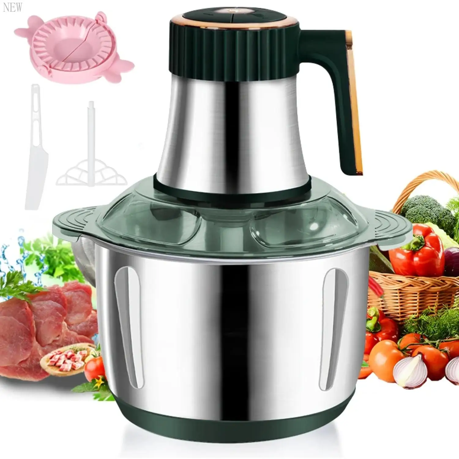 NEW 5L Multifunctional Stainless Steel Meat Grinders and Vegetable Slicer Processor - High-Capacity Food Crusher, Powerful 6S Ch