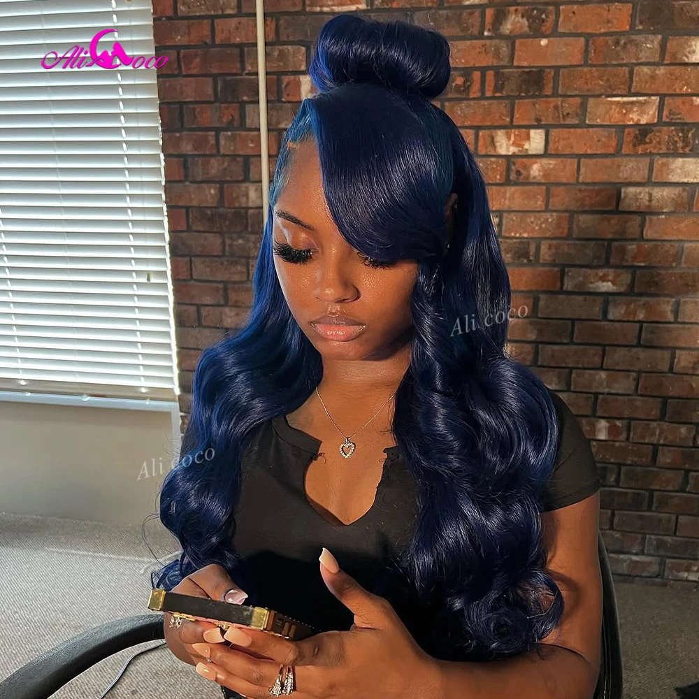 13x6 Drawstring Wigs 200 Density Body Wave Lace Front Wigs Human Hair 13x6 Brazilian Pre Plucked Middle Nightt Dark Blue Colored