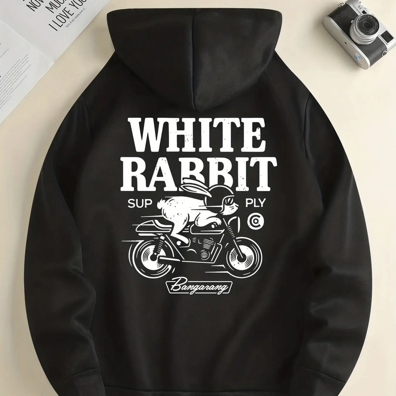 

Black pullover sweater with motorcycle pattern and "WHITE RABBIT" text - Kangaroo pocket adjustable drawstring hat circumference