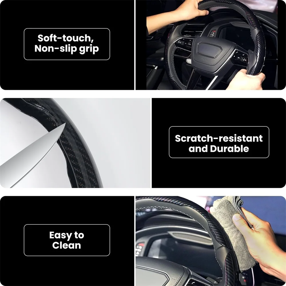 Anti-Slip Carbon Fiber Steering Wheel Cover 3PCS Set Universal 14-16 Inch Scratch-Resistant Car SUV Truck Interior Accessories 3