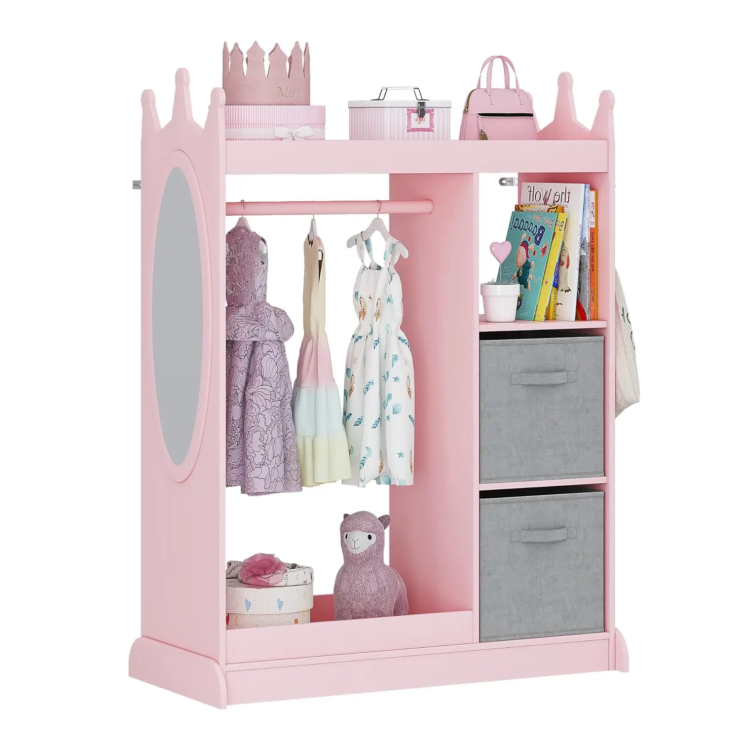 

Kids Armoire Wardrobe Closet with Mirror and Storage Bin, Pink, 33.4 in W x 15.75 in D x 44.5 in H, Customized