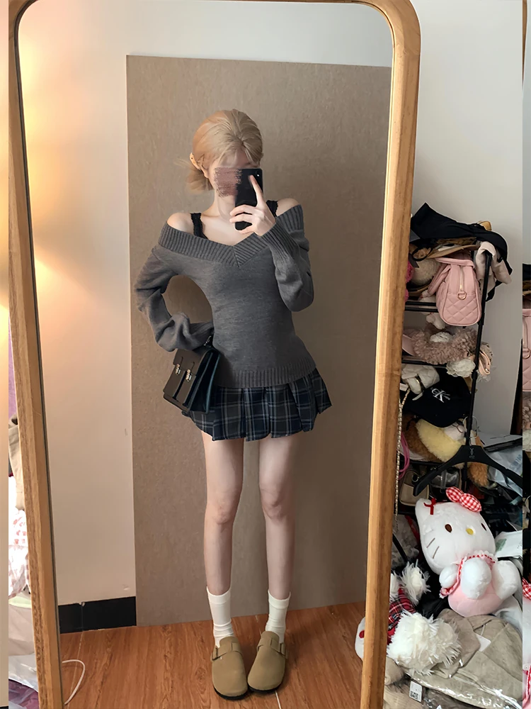 Retro V-Ne Knitted Sweater Women's Slim Fit ort Sle Lazy Faion Base Layer Outerwear Autumn Winter Pure Desire Knit Top