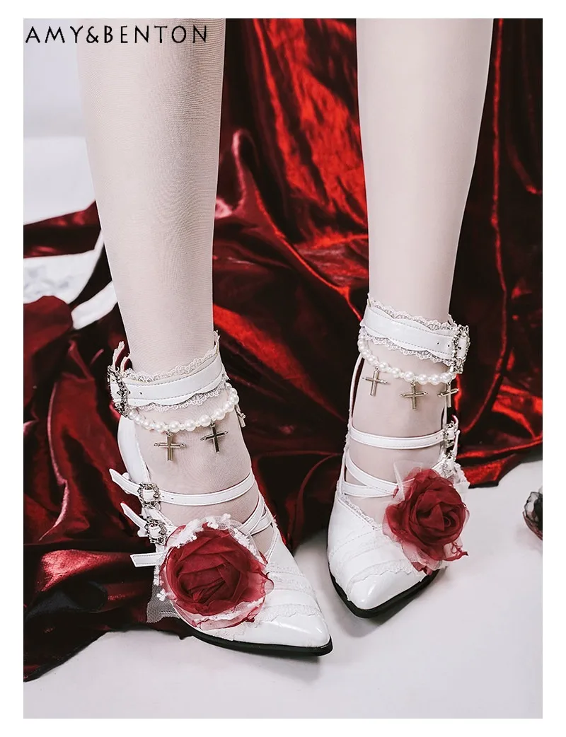 

Original Cross Dark Gothic Flower Pointed Toe Stiletto High Heels Women Subculture Sweet Pearl Pendant Buckle Retro High Heels