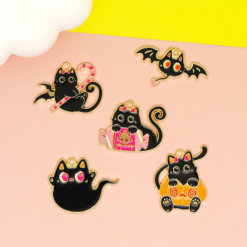 

10pcs Halloween Cat Charm For Jewelry Making Supplies Enamel Necklace Pendant Keychain Diy Craft Accessories Gold Plated