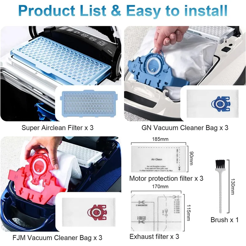 Accessory Set for Miele Vacuum Cleaner S8340, Compact C1/C2, Complete C2/C3, 3 SF-HA 50 HEPA Filters,Vacuum Cleaner Bags_A66K