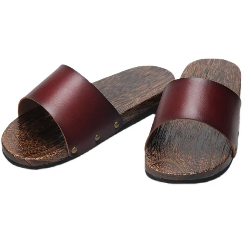 Couple's Summer Wooden Slippers Microfiber Leather Women's Sandals Flat Heel Men Clogs Beach Slippers Japan Geta