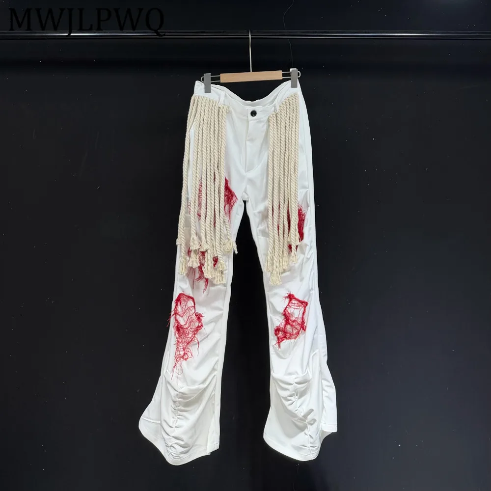 

MWJLPWQ American Street Style Fringed Patchwork Wide-Leg Pants For Men Trend Design Heavy Drawstring Casual Trousers 14414