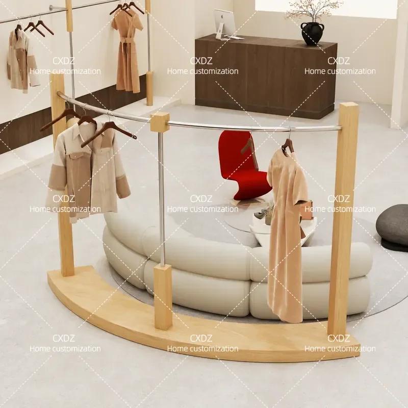 Walnut Clothing Store Display Men's and Women's Clothing Store Stainless Steel Curved Floor-to-Floor Clothing Hanging Middle