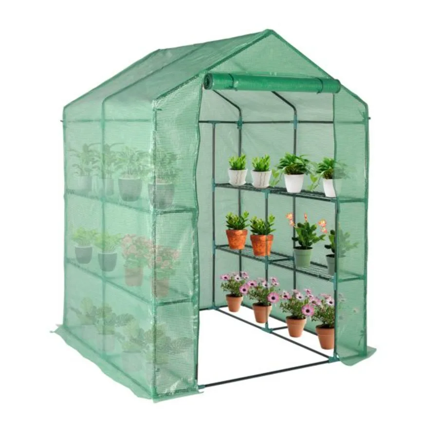 

143x143x195cm Black Iron Pipe Steeple With 8 Pieces Grid Flower Stand With Zipper Rolling Door PE Cloth Greenhouse
