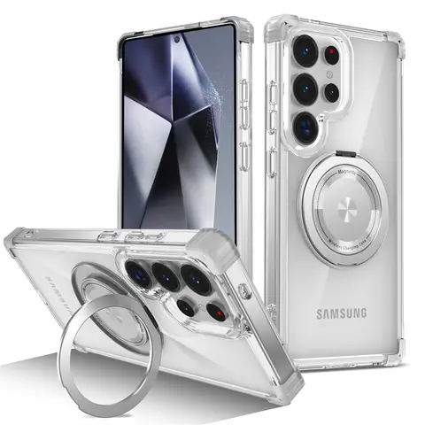 회전 자기 접이식 스탠드 삼성 S25 S24 S23 Plus FE Note 20 S21 Ultra Armor 충격 방지 커버 용 투명 전화 케이스 회전 자기 접이식 스탠드 삼성 S25 S24 S23 Plus FE Note 20 S21 Ultra Armor 충격 방지 커버 용 투명 전화 케이스
