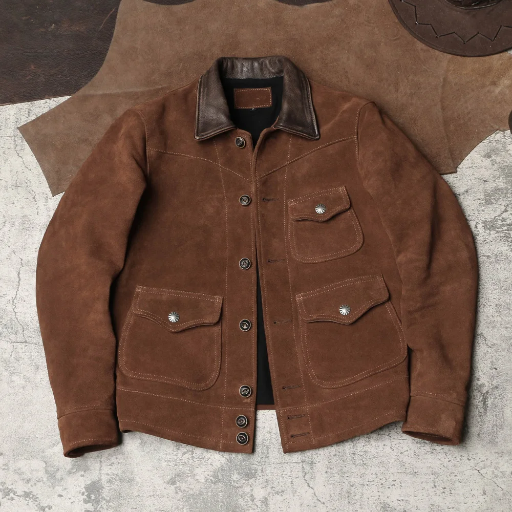 

YR!Free shipping.American retro style suede jacket.Classic casual real leather coat.Men quality vintage brown cowhide cloth