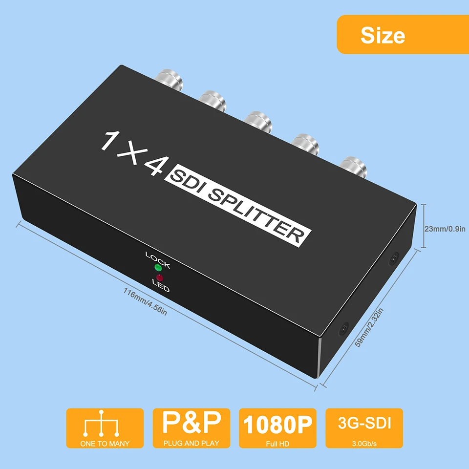 

4 Port 1x4 SDI Splitter 3G HD SD SDI Distribution Amplifier Video 1080P Repeater Splitter with US/ UK/ EU/ AU plug