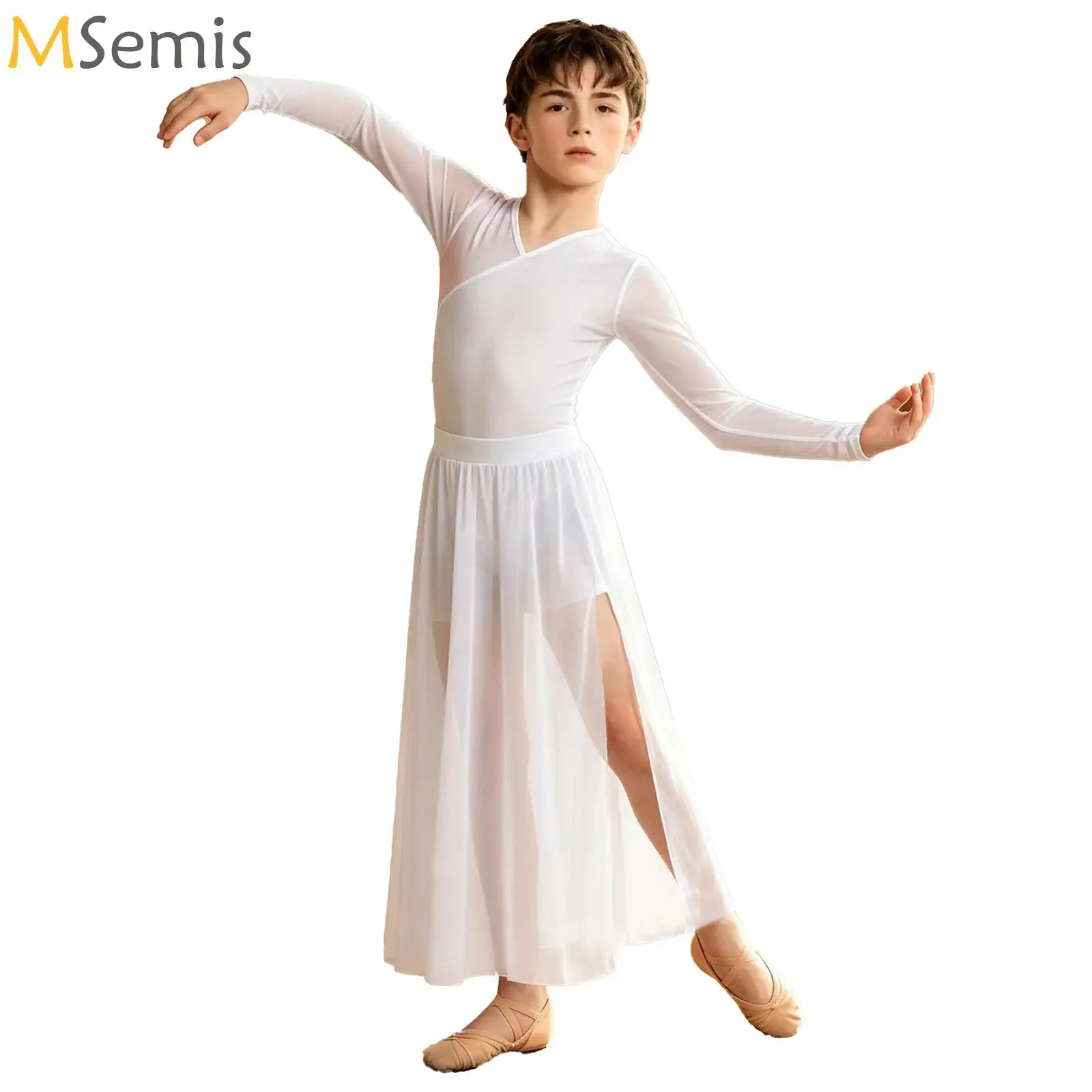 

Kids Boys Artistic Figure Skating Performance Costume Ballet Dance Outfits V-neck Back Bodysuit+Lyrical Contemporary Pants Suits