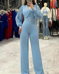 Elegant Jumpsuit Woman 2024 High Quality Luxury Autumn Long Sleeve Wide Leg Jumpsuit Casual High Waist Jumpsuit with Belt