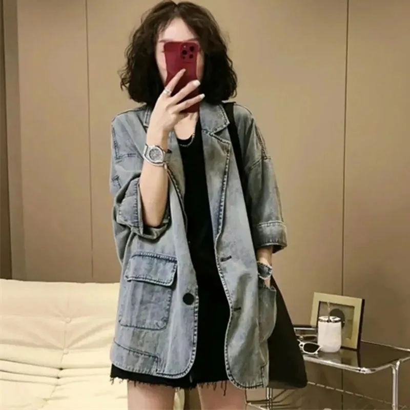 

Spring Autumn Ladies Medium Length Cowboy Jacket Korean Women Fashion Casual Denim Outwear Female Long Sleeves Jeans Tops Coat