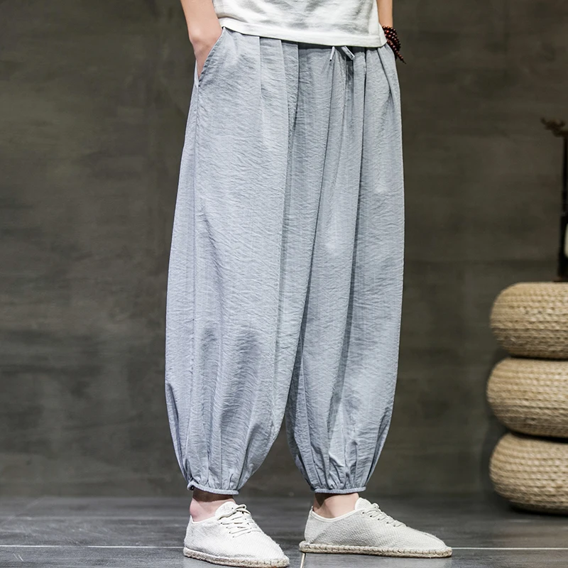 Drawstring Cuff Summer Ice Silk Men Trousers Thin Soft Linen Pants Jogger Beach Street Patalon Quick Dry Japanese Yamamoto Style