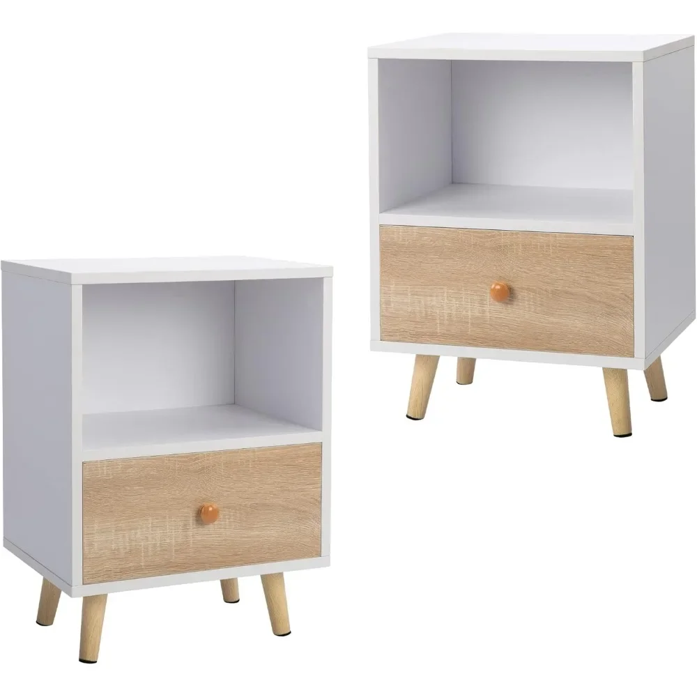 

2 Bedside Tables with 1 Drawer and Short Legs, Coffee Table with Storage Rack, Indoor, White, Safe and Durable, Easy To Assemble