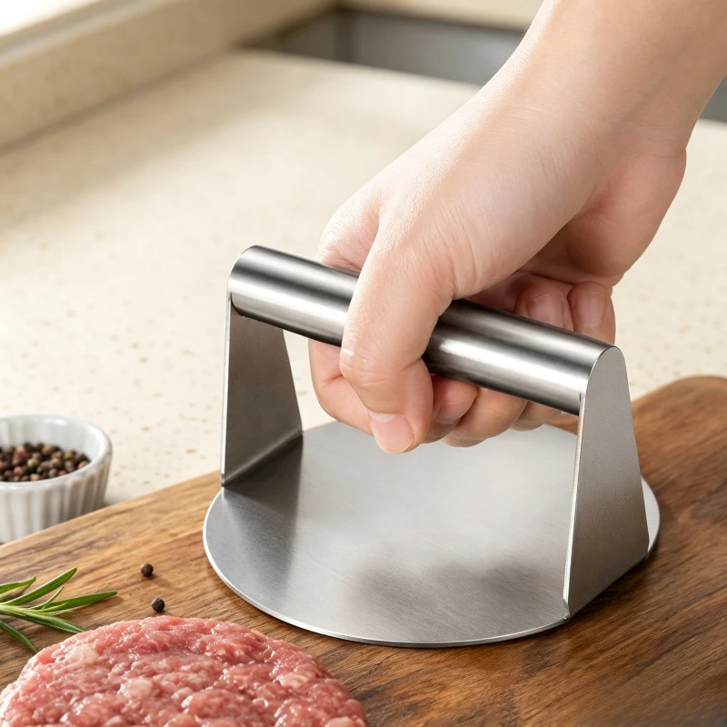 Stainless Steel Burger Press Manual Round Meat Smasher for Steak Squid Pizza Flat‑Top Grill Kitchen Cooking Tool