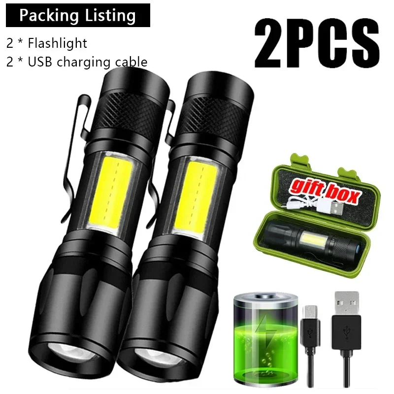Mini Flashlight COB+XPE Portable Torch USB Charging Camping Lantern Zoomable Focus Light Tactical Flashlight with Pen Clip