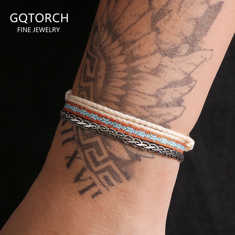 3pcs/set 925 Sterling Silver Cuban Link Chain Bracelets Set for Men Women Bohemian Handmade Braided Cotton Rope Trendy Jewelry