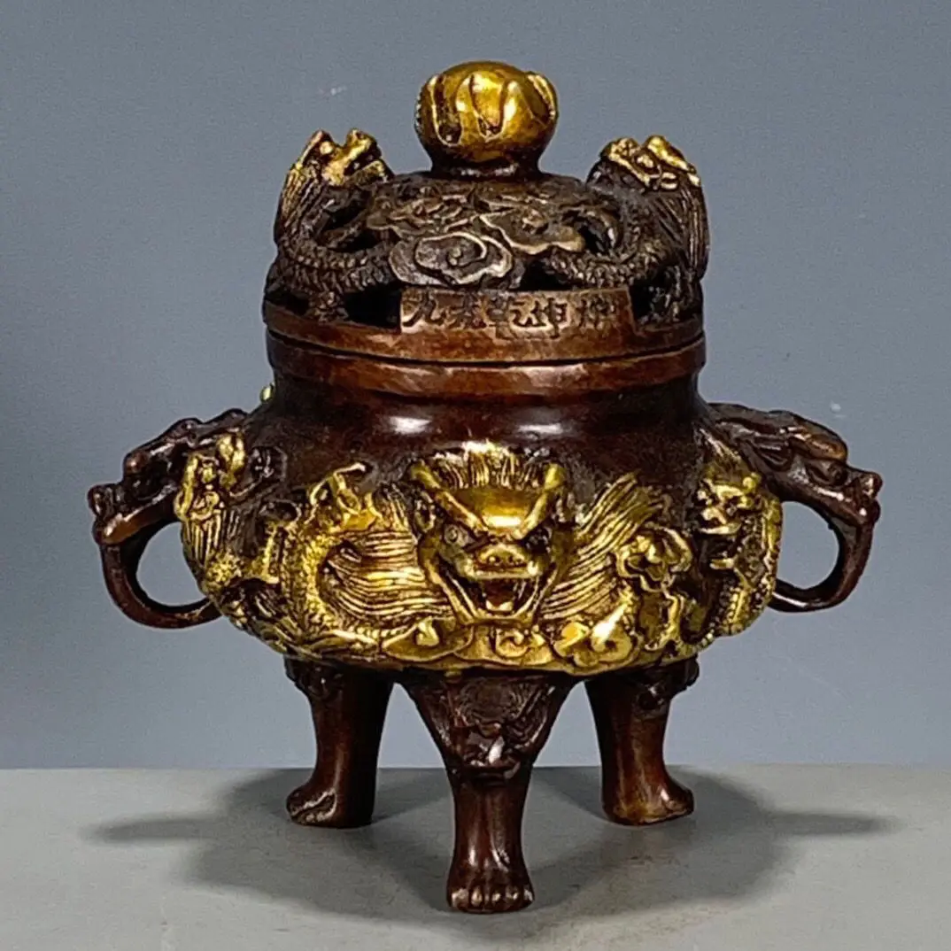 

Купительная печь Xuande Jiulong Qiankun, чистая медь, позолоченное золото, штатив, украшение для курильницы с двойными ушками