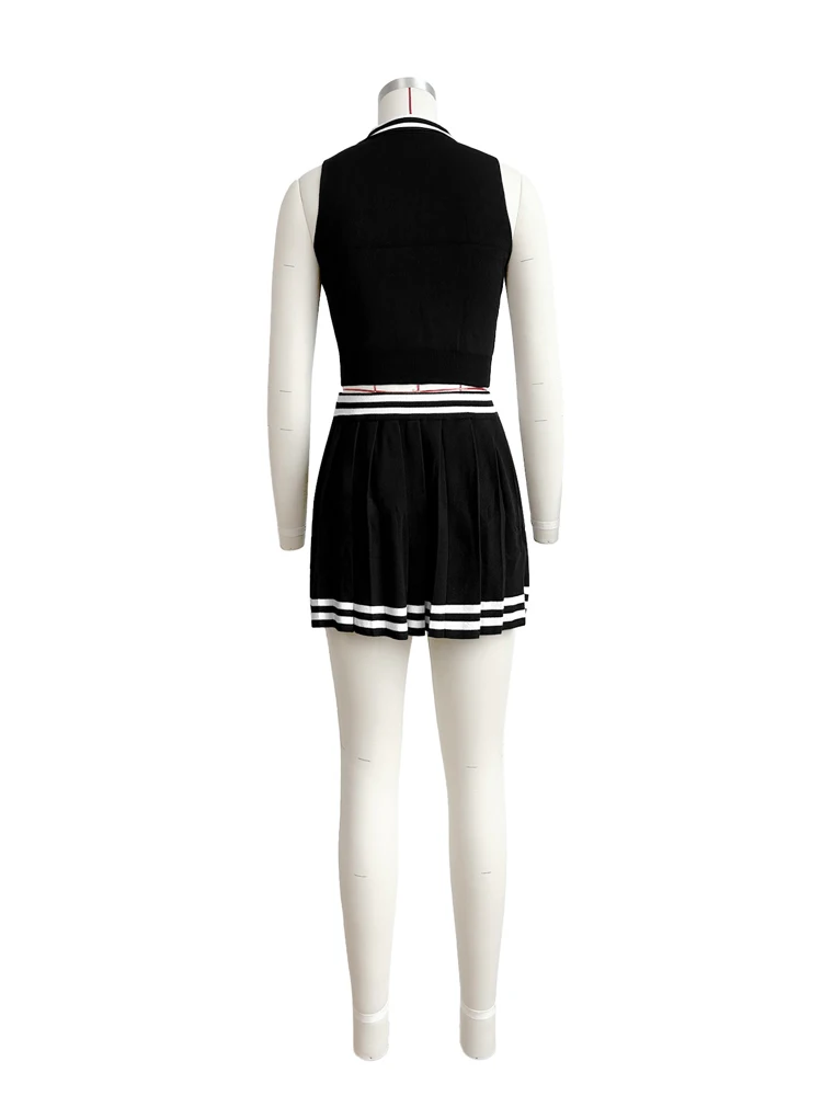 Varsity Skirt Set for Women 2024 Summer Girls High School Tennis Knit Striped Crop Top and Pleat Mini Skirt Two Piece Sets