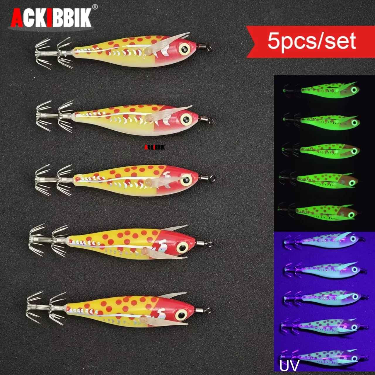 5er-Set Leuchtende Tintenfisch-Jigs 8cm Horizontal Eging Set Angelköder Leuchtet im Dunkeln UV Tintenfisch Oktopus Jigs Hartköder Meeresangelzubehör