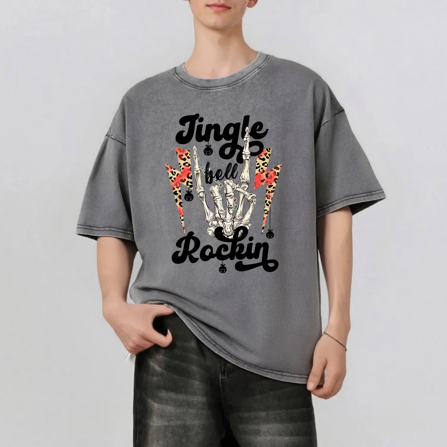 

Christmas Words Graphic Printing Men's Summer Retro Style Washed Water T-Shirt Casual Short Sleeved Basic Men's Top 230G