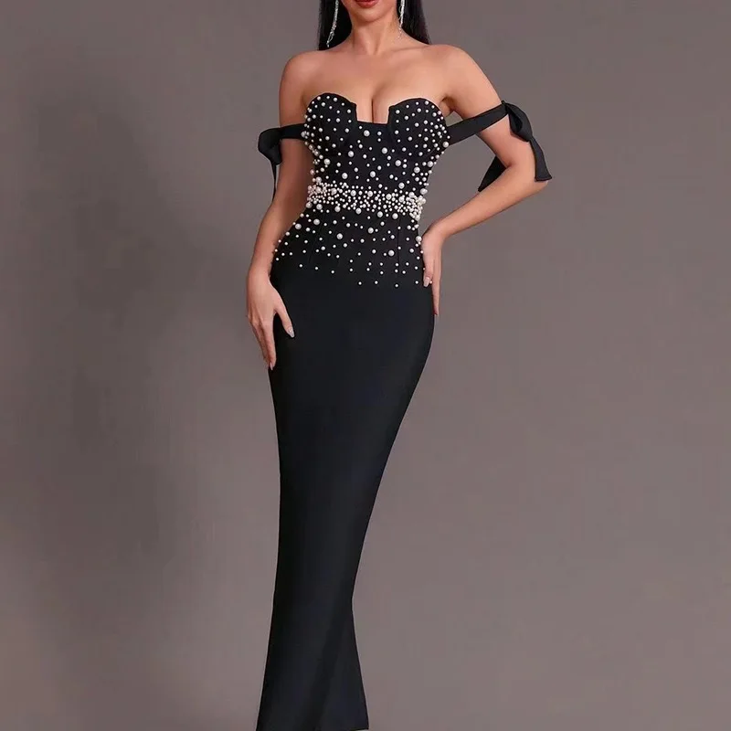 

Sexy Luxury Strapless Diamond Embellished Wrap Dress High Waist Summer Season Sweet And Spicy Style Performance Ready