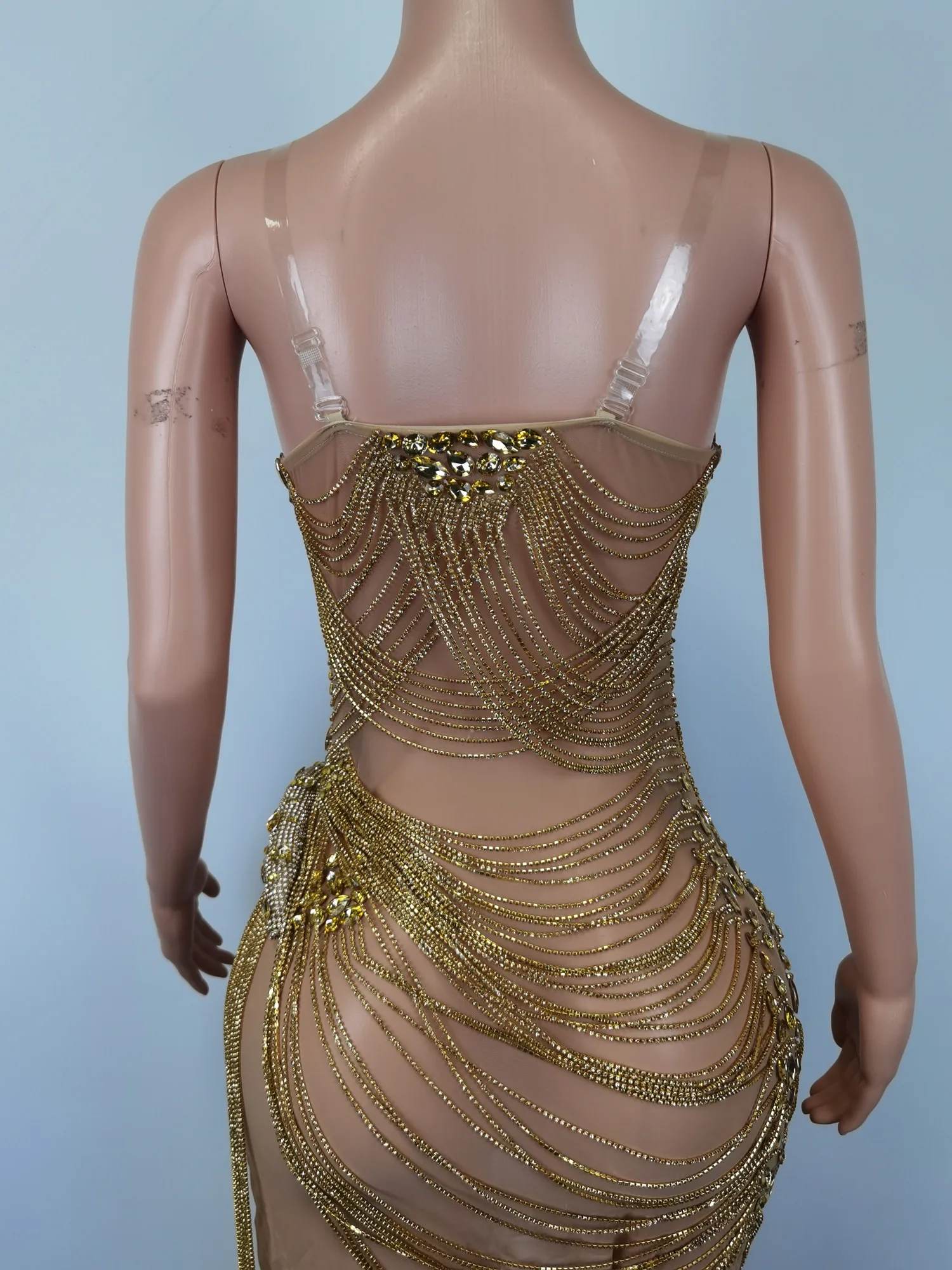 Sparkly Gold Drill Women Prom Dress Fashion Sexy See Through Birthday Queen Outfit Singer Stage Performance Wear Party Costumes