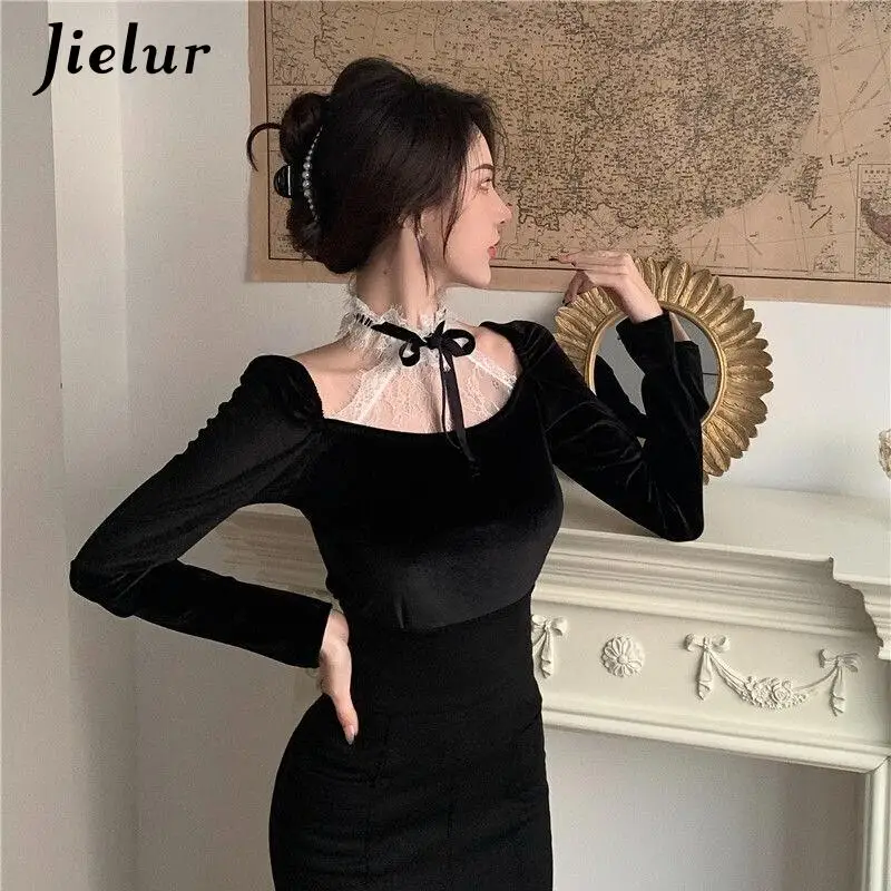 Jielur manica lunga retrò Slim top donna Design in pizzo moda coreana camicetta Vintage nera Office Lady Evening Party 2022 primavera