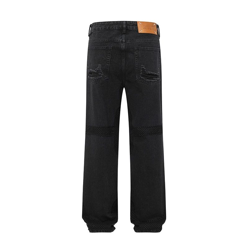 Pantalones vaqueros de empalme de rejilla de calle personalizados para hombre, jeans rectos sueltos de alta gama, negro lavado, nueva destrucción, otoño, 2024